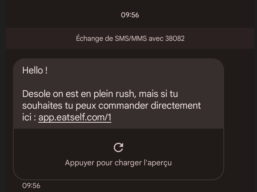 SMS reçu avec le lien de commande en ligne après un appel manqué