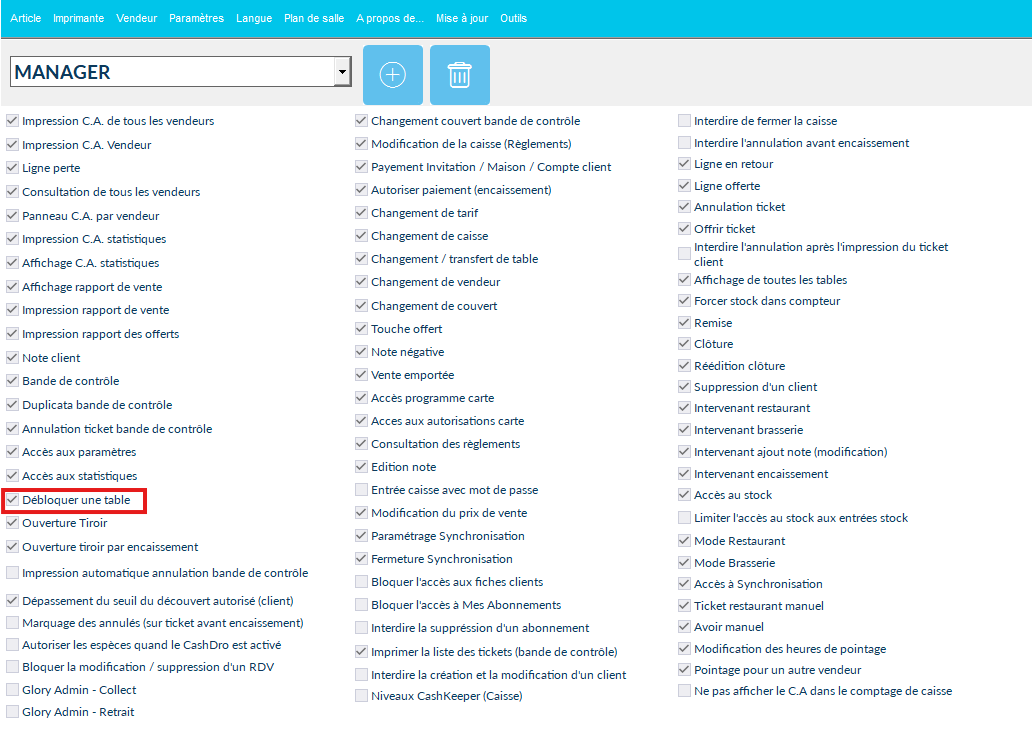 Liste des autorisations du profil vendeur avec l'option Débloquer une table cochée