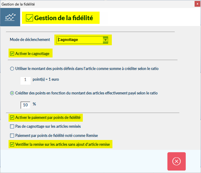 Paramètres Gestion fidélité avec les options Point de fidélité et Cagnotage configurées, cases décochées