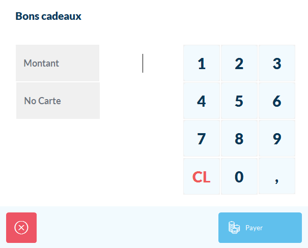 Formulaire Bon Cadeau avec les champs No Carte et Montant remplis, et le bouton Payer
