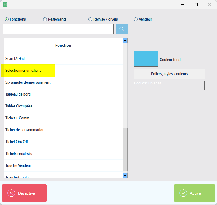 Panneau de fonctions dans Paramétrage interface avec une case vide sélectionnée pour y ajouter un bouton