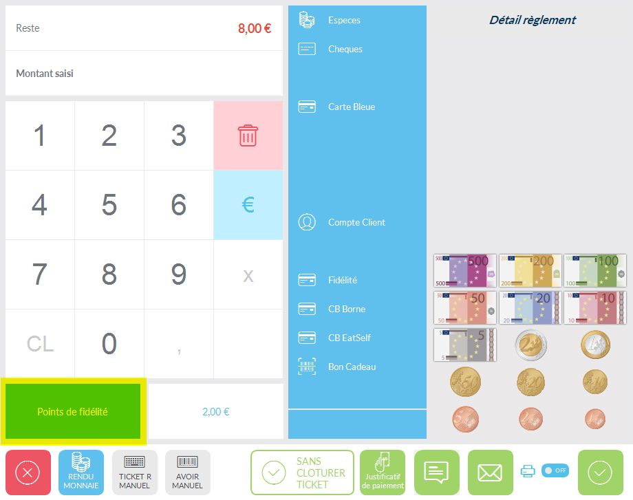 Écran de Paiement avec le bouton Fidélité et le solde de points de fidélité du client affiché