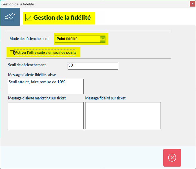Paramètres Gestion fidélité avec Point de fidélité activé et options de cagnotage décochées