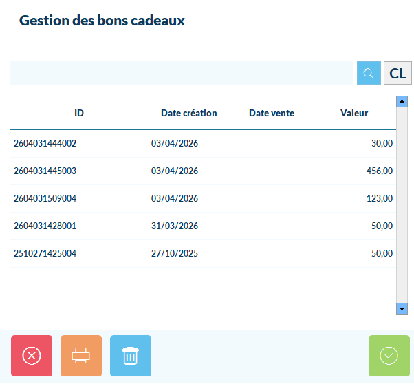 Écran de Paiement avec le bouton Bon Cadeau sélectionné