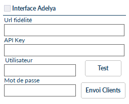 Paramètres > Intégrations avec la case Interface Adelya cochée et les champs Url fidélité, API Key, Utilisateur et Mot de passe