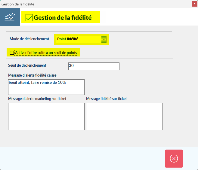 Paramètres Gestion fidélité avec « Point de fidélité » sélectionné et « Activer l'offre suite à un seuil de points » décoché
