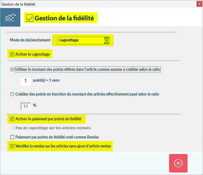 Paramètres > Gestion fidélité avec « Point de fidélité » sélectionné et « Activer l'offre suite à un seuil de points » décoché