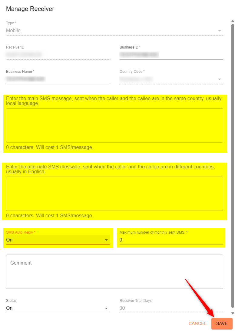 Écran Manage Receiver de WhoCalls avec les messages SMS, l'option SMS Auto Reply sur On et le bouton SAVE
