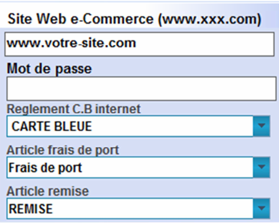 Onglet Site Web e-Commerce avec les champs adresse du site, mot de passe, règlement C.B internet, article frais de port et article remise