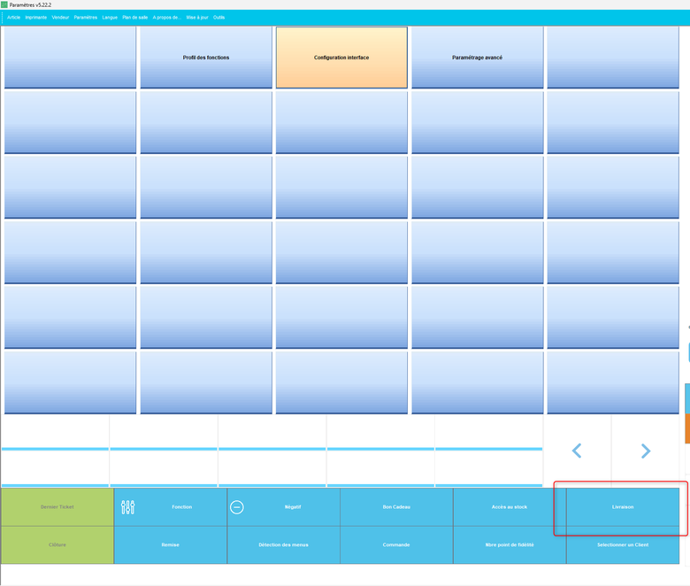 Écran Configuration interface avec le bouton Livraison ajouté à la barre de fonctions en bas à droite