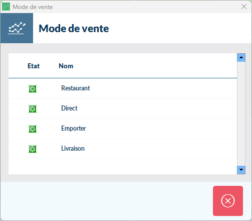 Fenêtre Mode de vente avec la ligne Livraison active parmi Restaurant, Direct et Emporter