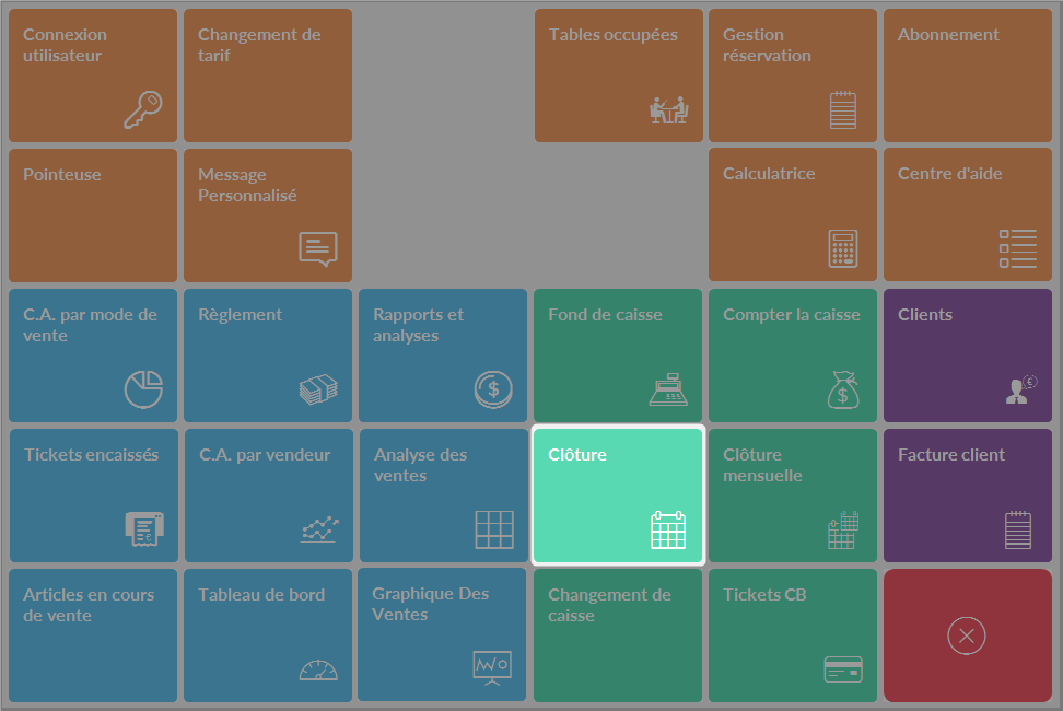 Menu des fonctions avec l'option Clôture mise en évidence