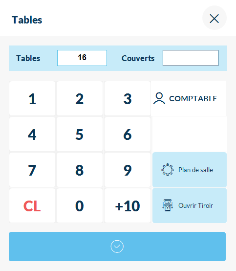 Fenêtre de saisie Tables avec les champs Vendeur, Table et Couverts et un clavier numérique