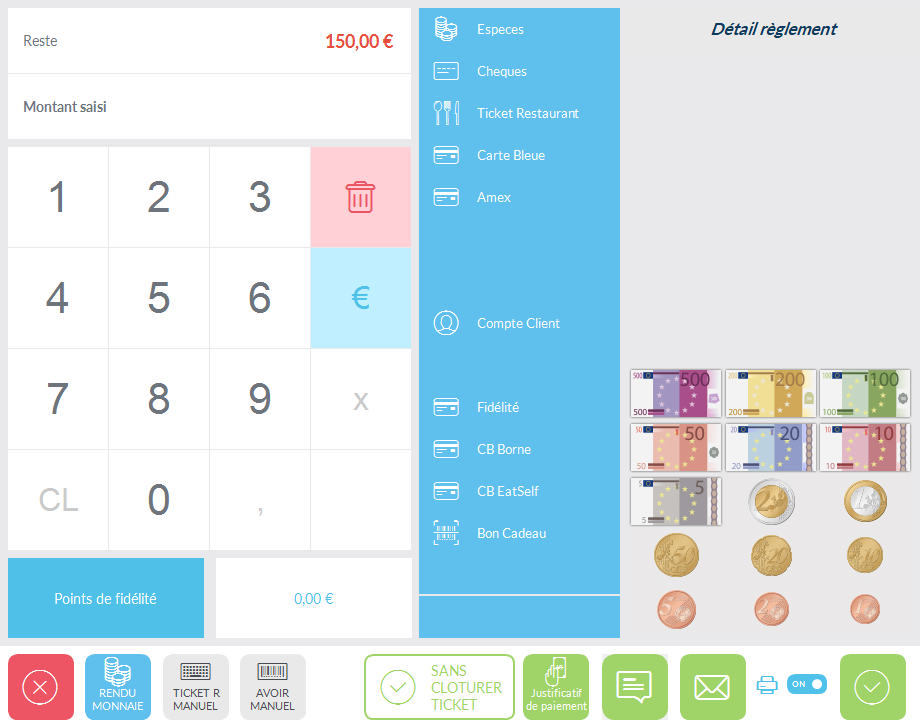 Interface de paiement avec les modes de règlement (espèces, chèque, carte bleue) et le montant à saisir