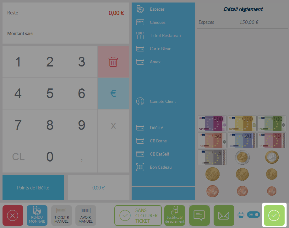 L'écran de la caisse enregistreuse affiche le bouton "Payer" en orange et le total de la commande à 0.00€.