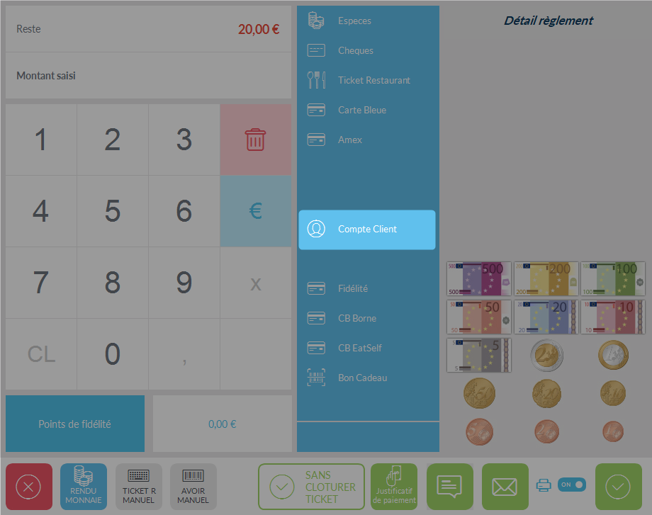 Interface de paiement affichant la grille des modes de règlement disponibles.