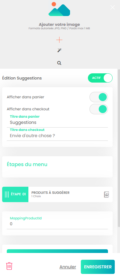 Fenêtre Editer Suggestions avec le bouton Actif, l'emplacement d'affichage et le champ titre personnalisé