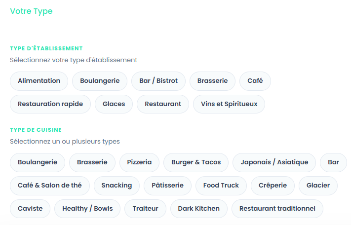 Menu déroulant des types d'établissements avec la sélection du type Restaurant
