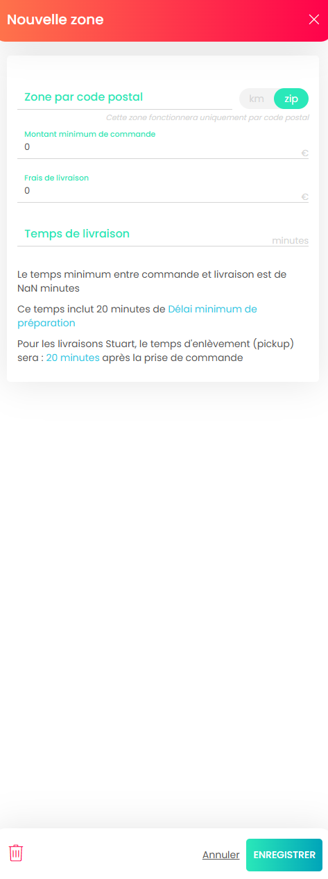 Formulaire Nouvelle zone de livraison avec les champs code postal, délai, montant minimum et frais