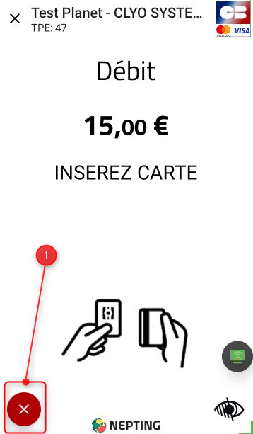 Écran TPE avec la croix rouge d'annulation de règlement