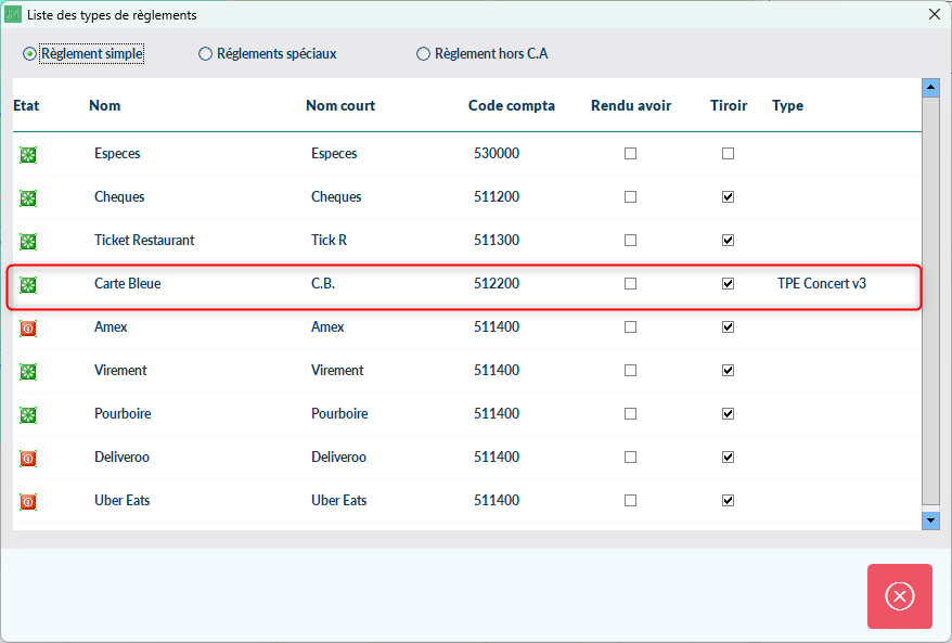 Paramètre Gestion règlement avec le mode CB associé à Connexion TPE CONCERT V3