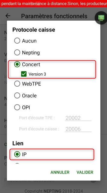 Paramètres Fonctionnels > Protocole caisse avec Concert Version 3 et Lien IP sélectionnés
