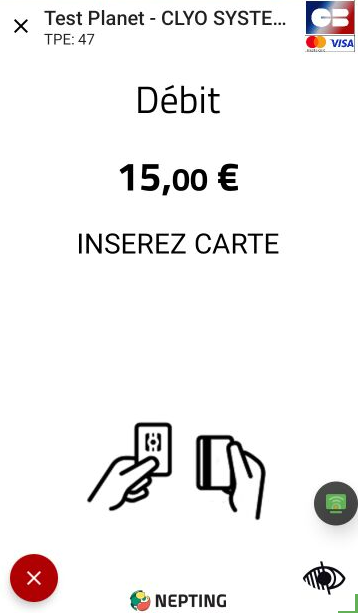 Écran Caisse avec un article ajouté et le bouton Règlement CB sélectionné pour envoi au TPE