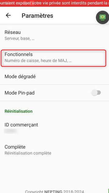 Menu latéral avec Voir Plus… développé, option Paramètres > Fonctionnels sélectionnée