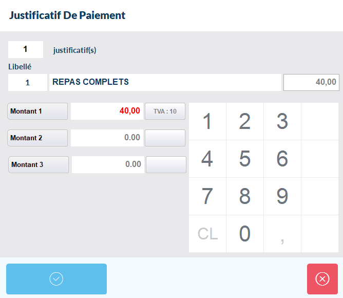 Menu Fonctions > Tickets encaissés avec un ticket sélectionné et le bouton Justificatif de paiement