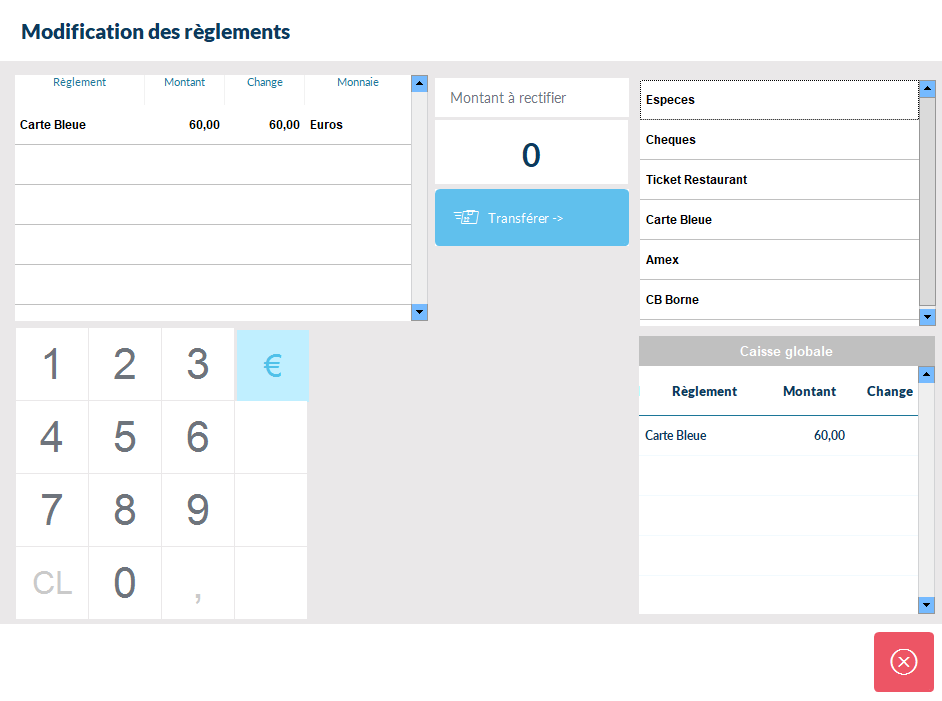 Écran Règlement d'un ticket encaissé avec le montant sélectionné et le bouton Transférer