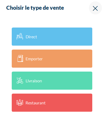 Fenêtre de choix du type de vente affichant les options Direct, Emporter et Livraison.