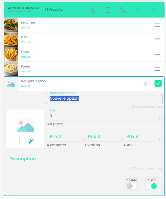 Liste des options configurées dans le groupe avec leur nom et leur tarif.
