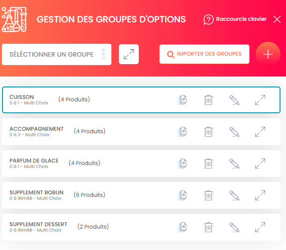 Formulaire de création d'un groupe d'options avec les champs de saisie du nom et des contraintes de choix.