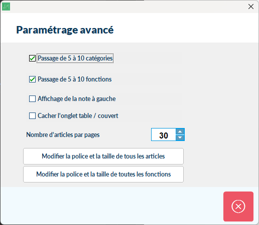 Fenêtre pop-up de paramétrage avancé affichant diverses cases à cocher et réglages.