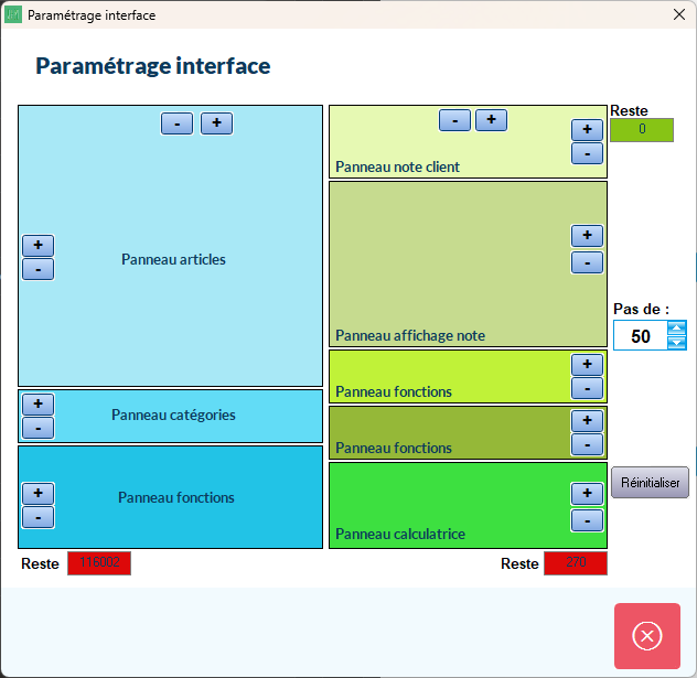 Fenêtre de paramétrage montrant la représentation schématique des différents panneaux de l'interface.