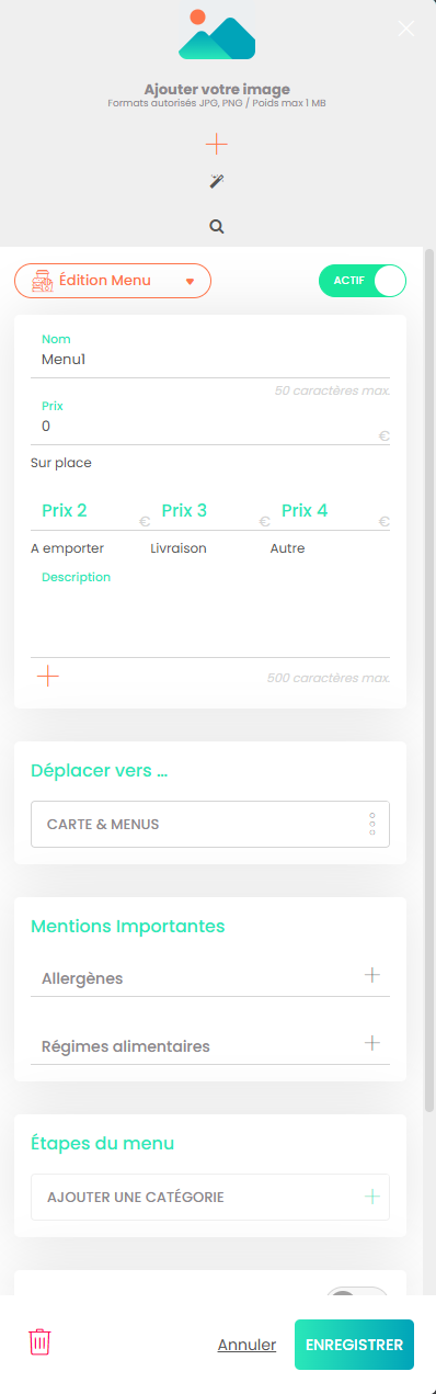 Fenêtre modale 'Ajouter votre image' avec les champs 'Nom', 'Prix', 'Description' remplis et une image de burger téléchargée.