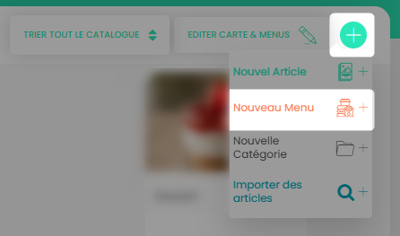 Écran affichant la page 'Catalogue' avec un menu déroulant ouvert, montrant les options 'Nouvel article', 'Nouveau menu', 'Nouvelle catégorie'.