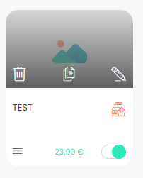 Vignette du menu 'TEST' à 23,00 € dans la liste, avec les icônes corbeille, duplication et crayon en haut et le nom sur la partie blanche