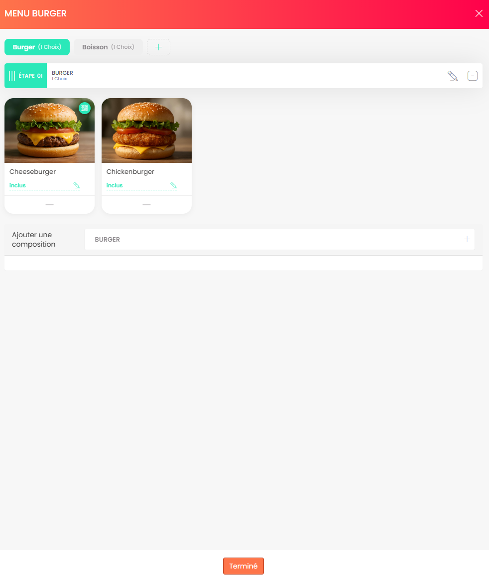 Panneau de configuration affichant le détail et la liste des étapes du menu.