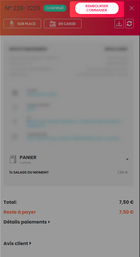 Fenêtre pop-up de confirmation du remboursement de la commande.
