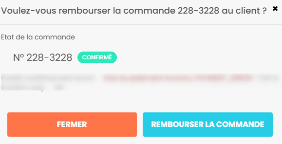 Volet latéral d'une commande avec le bouton Rembourser la commande et sa fenêtre de confirmation