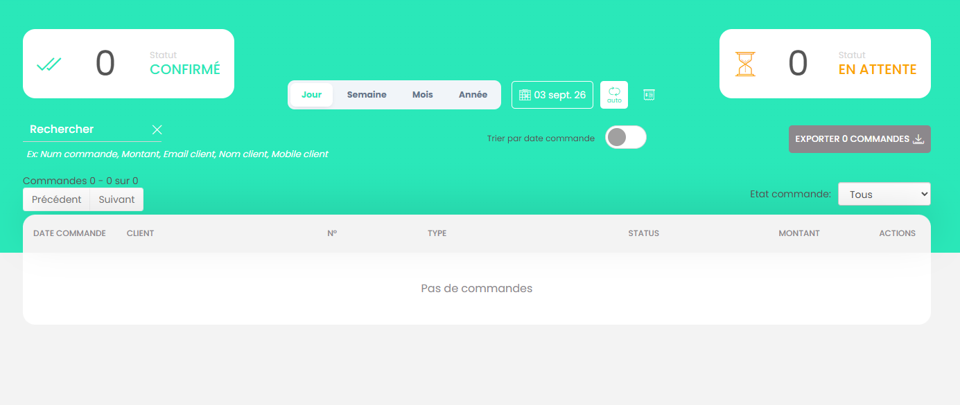 Menu latéral du Back-Office EatSelf avec l'entrée Commandes sélectionnée