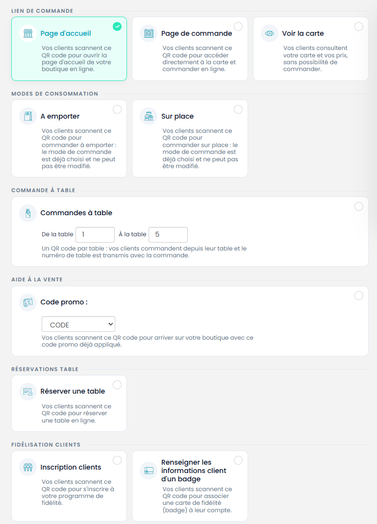 Liste des types de QR codes : lien de commande, modes de consommation, commande à table, code promo, réservation et fidélisation
