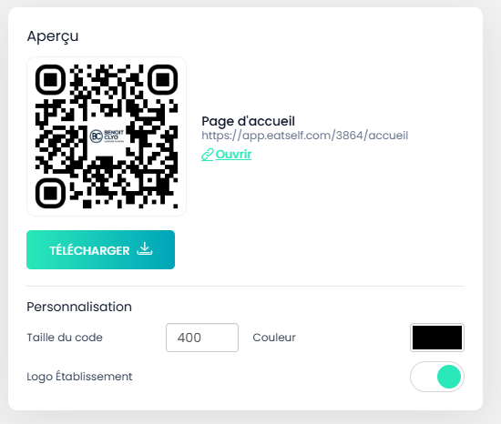 Aperçu du QR code avec le bouton Télécharger et les réglages de taille, couleur et logo établissement