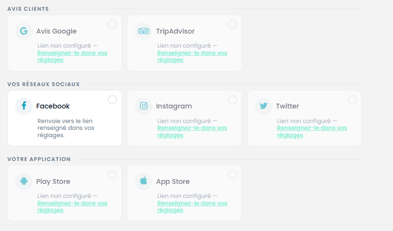 Options QR code Avis Google, TripAdvisor, réseaux sociaux et applications, avec la mention Lien non configuré