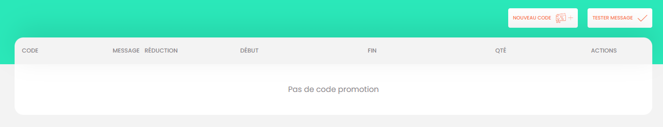 Rubrique Codes Promotion sélectionnée dans la barre latérale du Back Office EatSelf