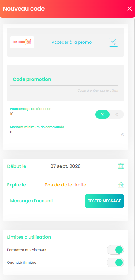 Le volet latéral de création d'un nouveau code promo ouvert à droite.
