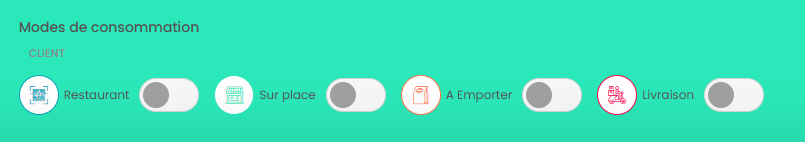 Section des modes de consommation avec interrupteurs activés en vert.