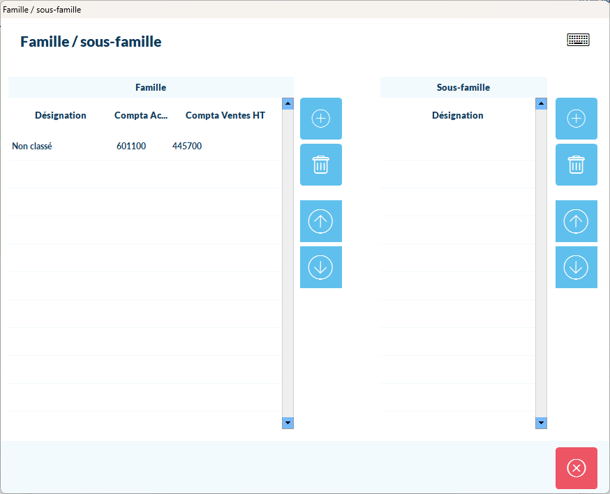 Fenêtre "Famille / sous-famille" ouverte depuis le bouton "+" du champ "Famille", avec la liste des familles