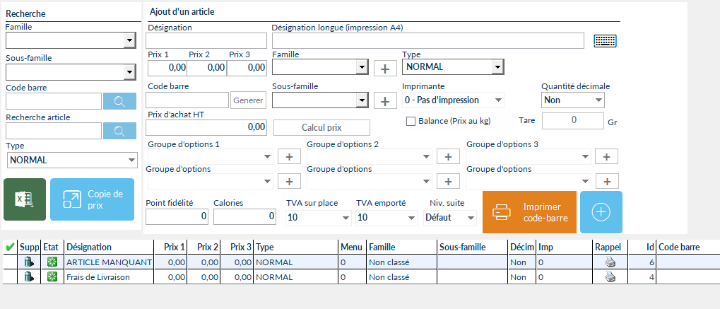 Interface de gestion des articles avec des champs de recherche et une liste d'articles en tableau.